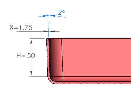 draft angle of 2 degree for the outer and inner walls