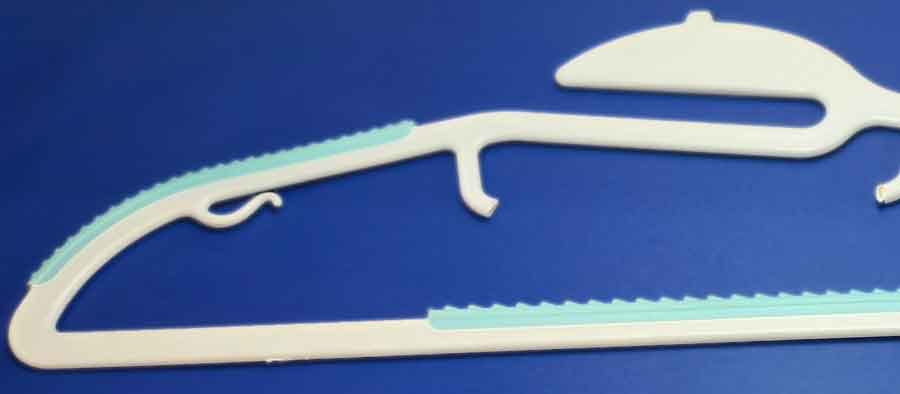 Plastic hanger with TPE overmolding on a PP substrate, showing good adhesion due to the low softening temperature of PP