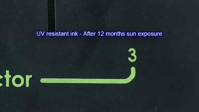UV resistant ink showing minimal color change after 12 months of sun exposure.