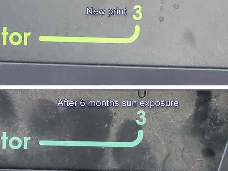 Comparison of a printed label showing color fading: top is new print with bright yellow-green, bottom is the same label after 6 months of sun exposure, faded to dull green.