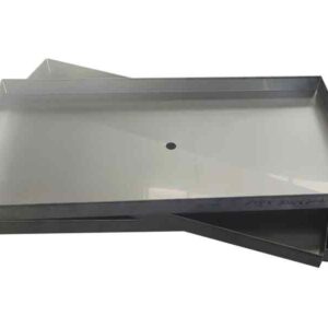 Stainless steel drip tray featuring hemmed edges and a central drainage hole for efficient water flow.