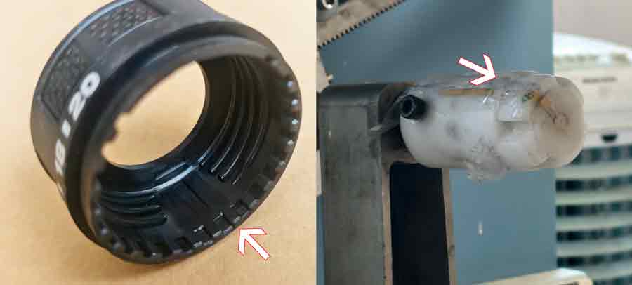 Close-up view showing the inner threads of the plastic adjustment knob aligning with the raised bosses on the positioning shaft.