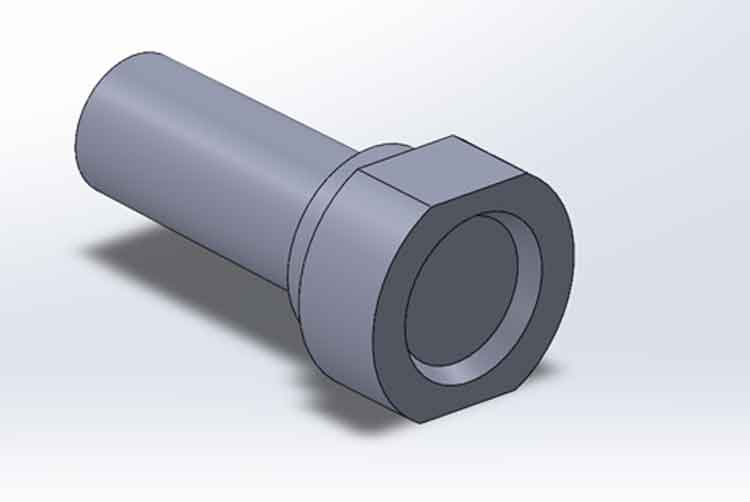 مدل CAD سهبعدی یک لوله نور پلاستیکی که قطرهای بیرونی پلهای و یک ویژگی فرورفته در سطح انتهایی را نشان میدهد